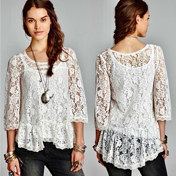 🌺🎉HP🎉🌺 NWOT Free People Gorgeous Floral Lace Peasant Top - Picture 10 of 14